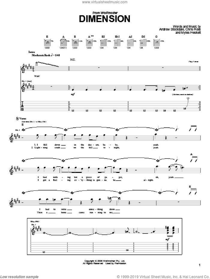 Dimension sheet music for guitar (tablature) by Wolfmother, Andrew Stockdale, Chris Ross and Myles Heskett, intermediate skill level