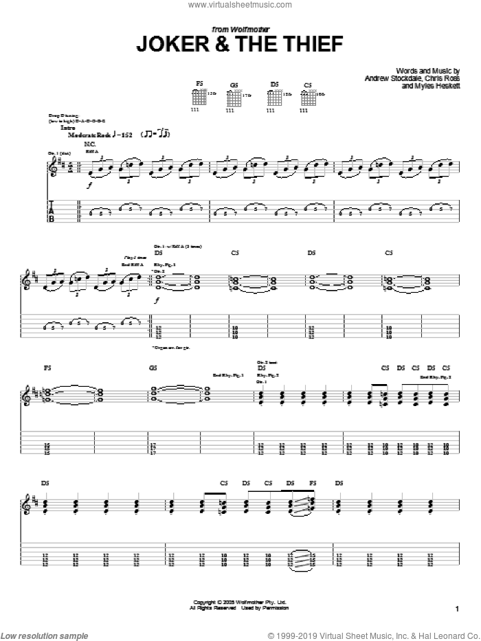 Joker and The Thief sheet music for guitar (tablature) by Wolfmother, Andrew Stockdale, Chris Ross and Myles Heskett, intermediate skill level