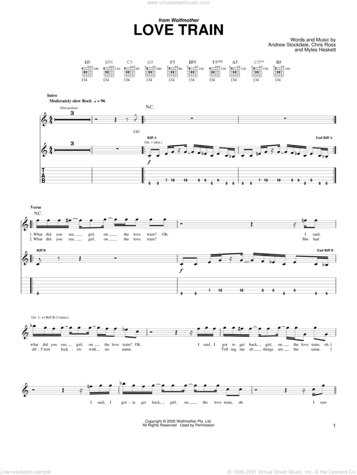 Love Train sheet music for guitar (tablature) by Wolfmother, Andrew Stockdale, Chris Ross and Myles Heskett, intermediate skill level