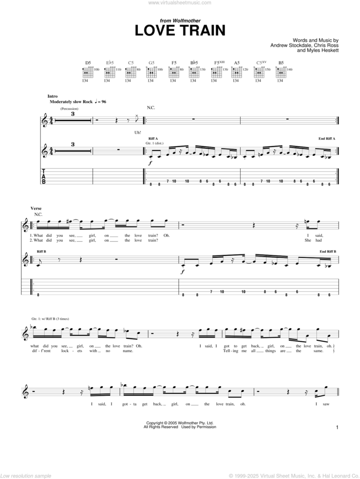 Love Train sheet music for guitar (tablature) by Wolfmother, Andrew Stockdale, Chris Ross and Myles Heskett, intermediate skill level