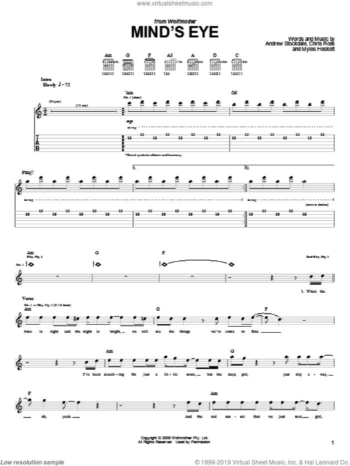 Mind's Eye sheet music for guitar (tablature) by Wolfmother, Andrew Stockdale, Chris Ross and Myles Heskett, intermediate skill level