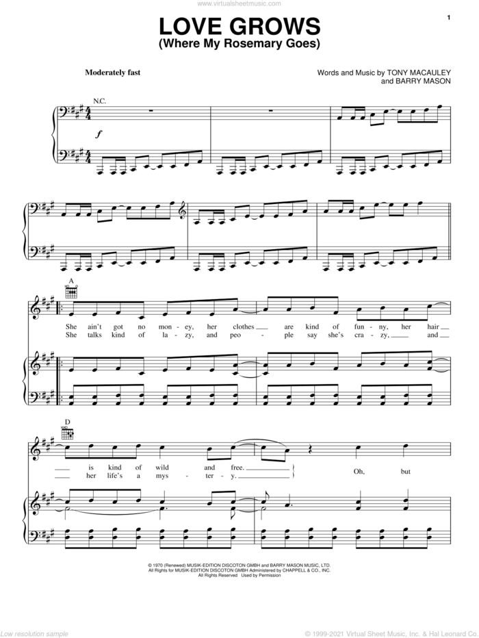 Love Grows (Where My Rosemary Goes) sheet music for voice, piano or guitar by Edison Lighthouse, Barry Mason and Tony MacAuley, intermediate skill level