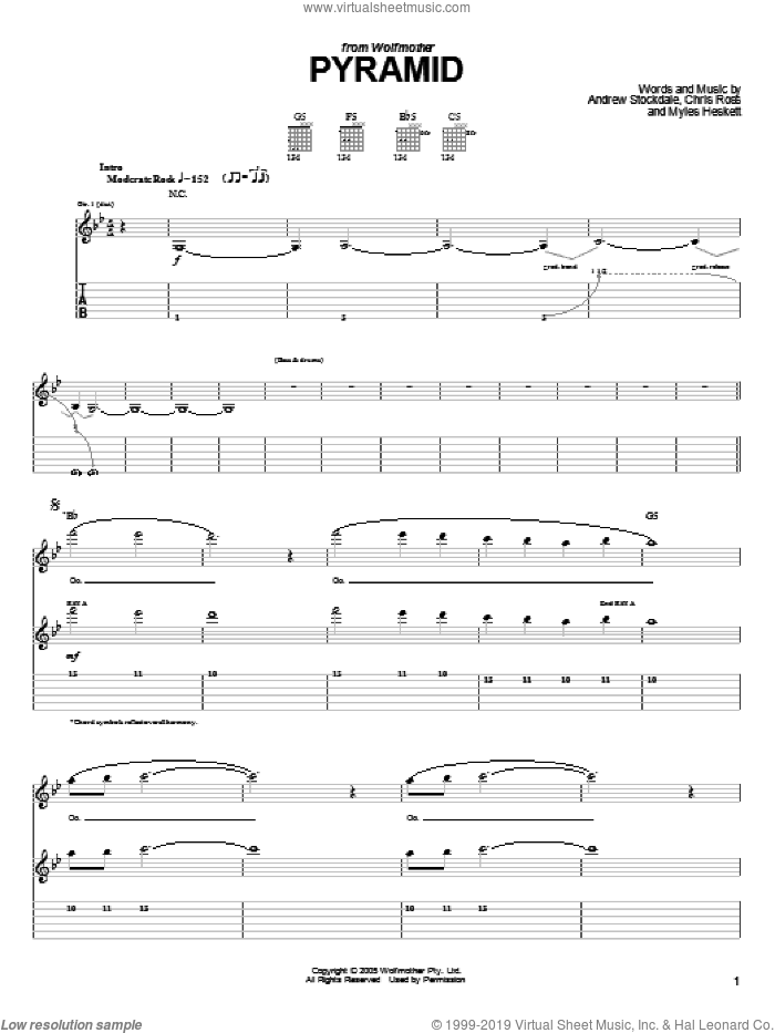 Pyramid sheet music for guitar (tablature) by Wolfmother, Andrew Stockdale, Chris Ross and Myles Heskett, intermediate skill level