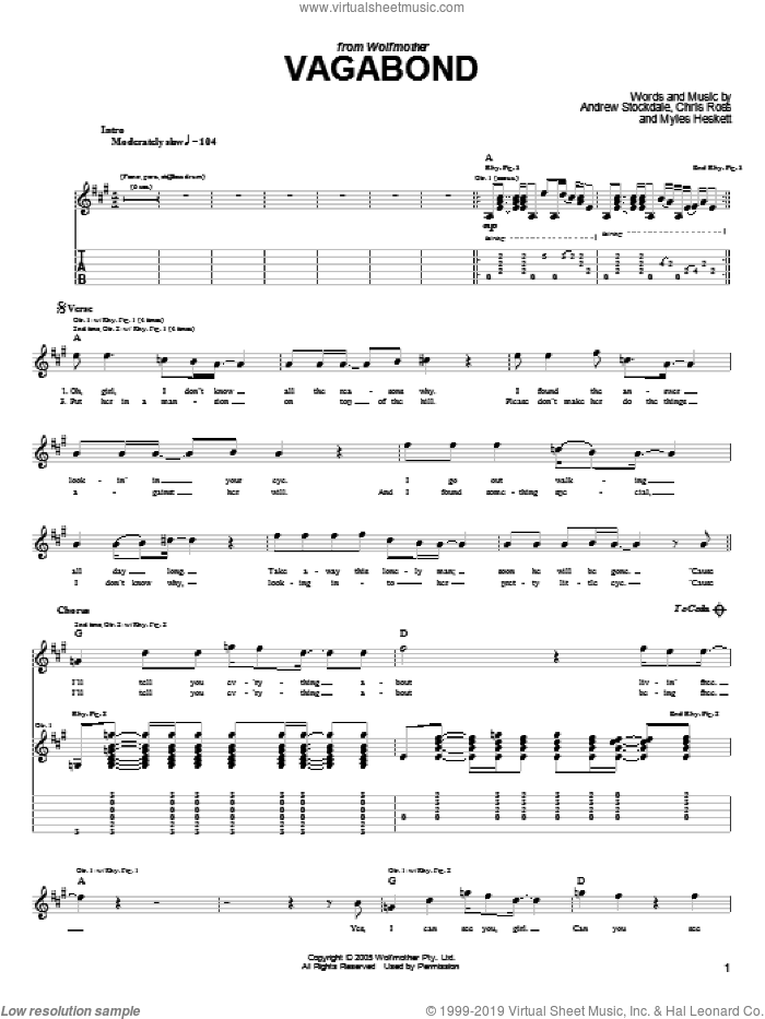 Vagabond sheet music for guitar (tablature) by Wolfmother, Andrew Stockdale, Chris Ross and Myles Heskett, intermediate skill level