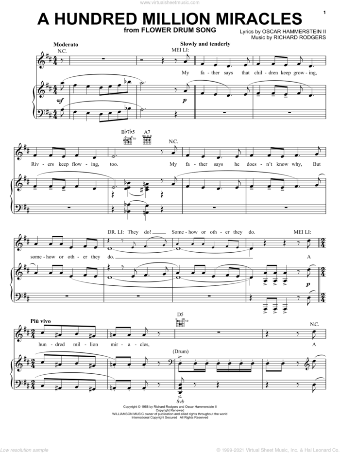 A Hundred Million Miracles sheet music for voice, piano or guitar by Rodgers & Hammerstein, Flower Drum Song (Musical), Oscar II Hammerstein and Richard Rodgers, intermediate skill level