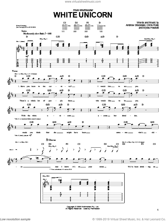 White Unicorn sheet music for guitar (tablature) by Wolfmother, Andrew Stockdale, Chris Ross and Myles Heskett, intermediate skill level