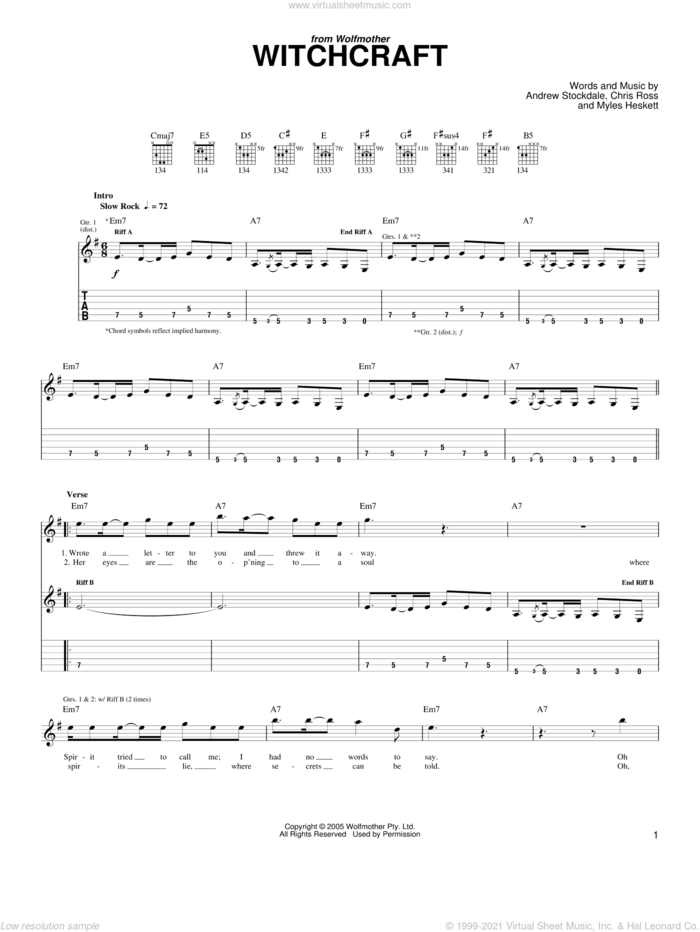 Witchcraft sheet music for guitar (tablature) by Wolfmother, Andrew Stockdale, Chris Ross and Myles Heskett, intermediate skill level