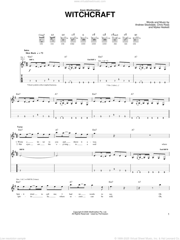 Witchcraft sheet music for guitar (tablature) by Wolfmother, Andrew Stockdale, Chris Ross and Myles Heskett, intermediate skill level