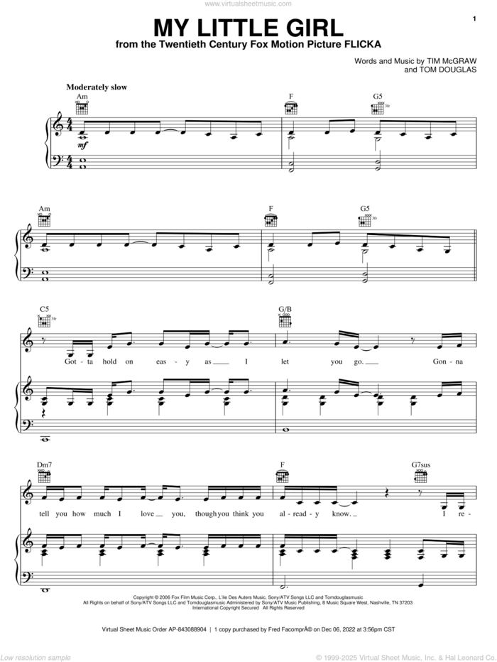 My Little Girl sheet music for voice, piano or guitar by Tim McGraw and Tom Douglas, intermediate skill level