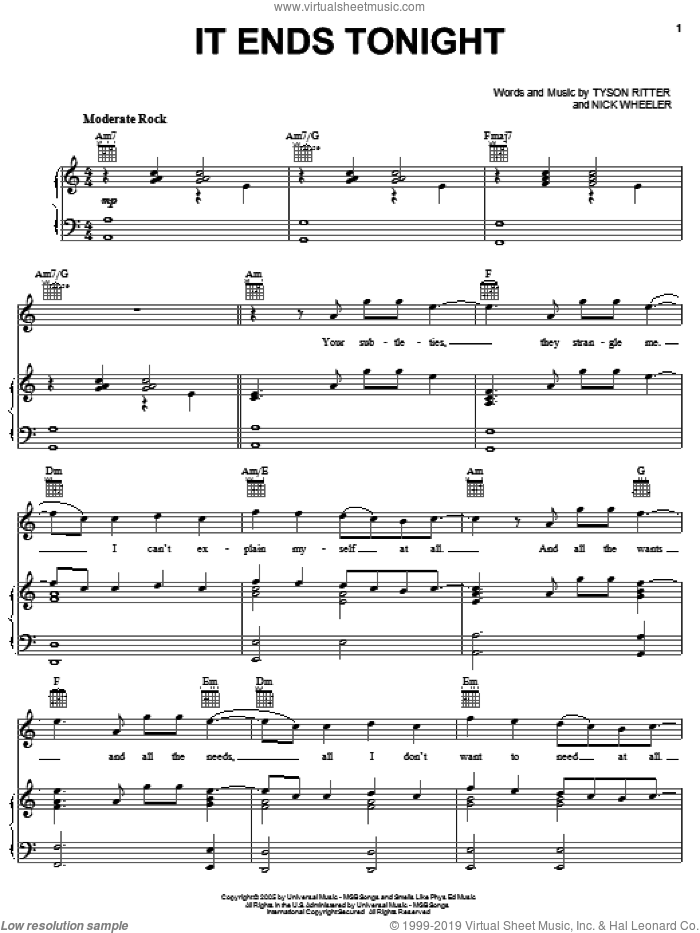 It Ends Tonight sheet music for voice, piano or guitar by The All-American Rejects, Nick Wheeler and Tyson Ritter, intermediate skill level