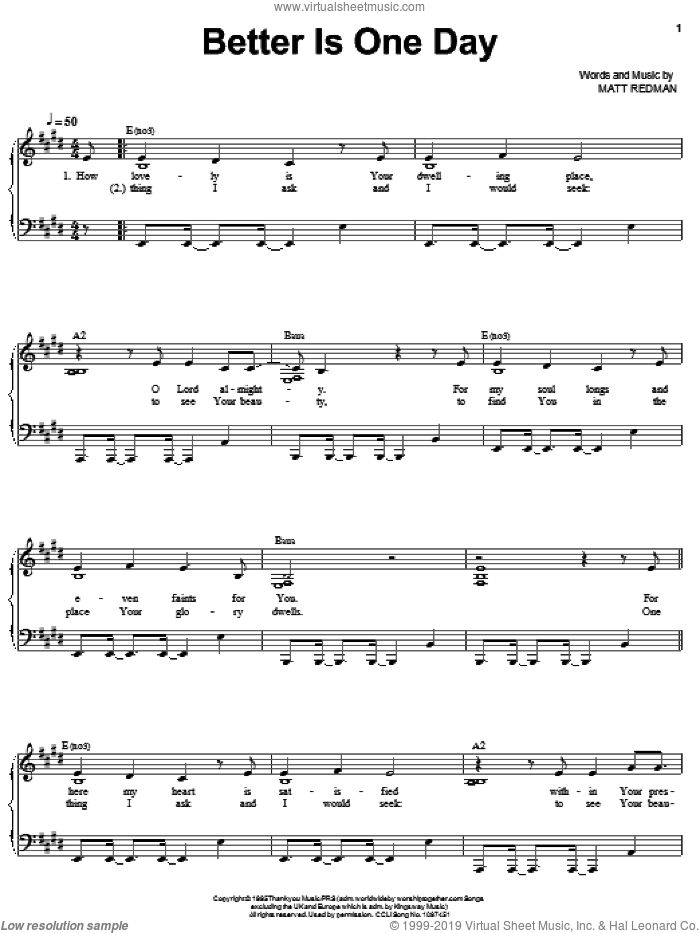 Better Is One Day sheet music for voice, piano or guitar by Matt Redman, intermediate skill level