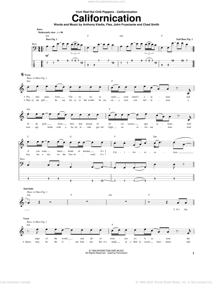 Californication sheet music for bass (tablature) (bass guitar) by Red Hot Chili Peppers, Anthony Kiedis, Chad Smith, Flea and John Frusciante, intermediate skill level