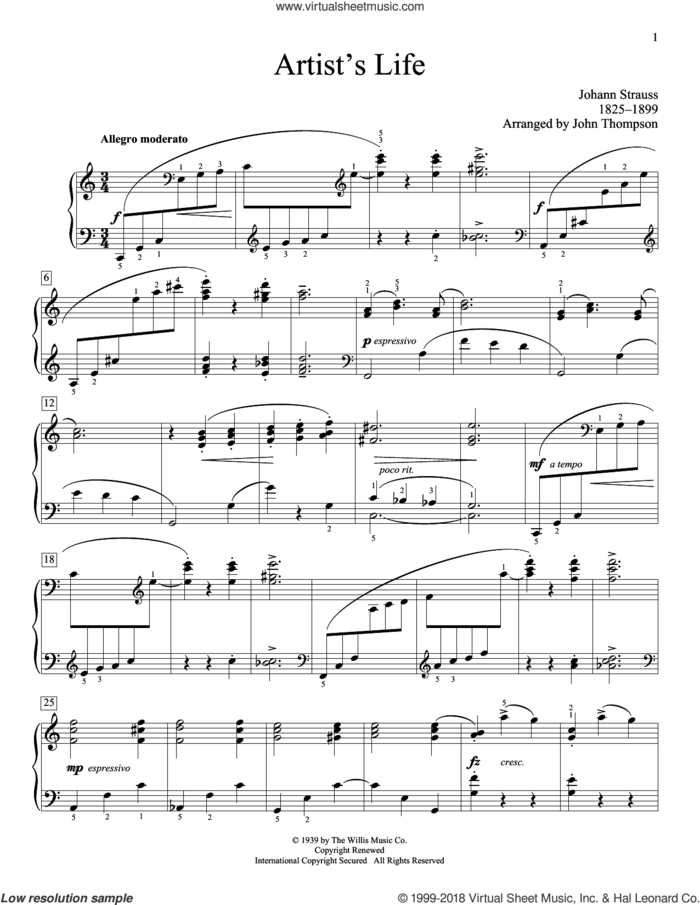 Artist's Life sheet music for piano solo (elementary) by Johann Strauss and John Thompson, classical score, beginner piano (elementary)
