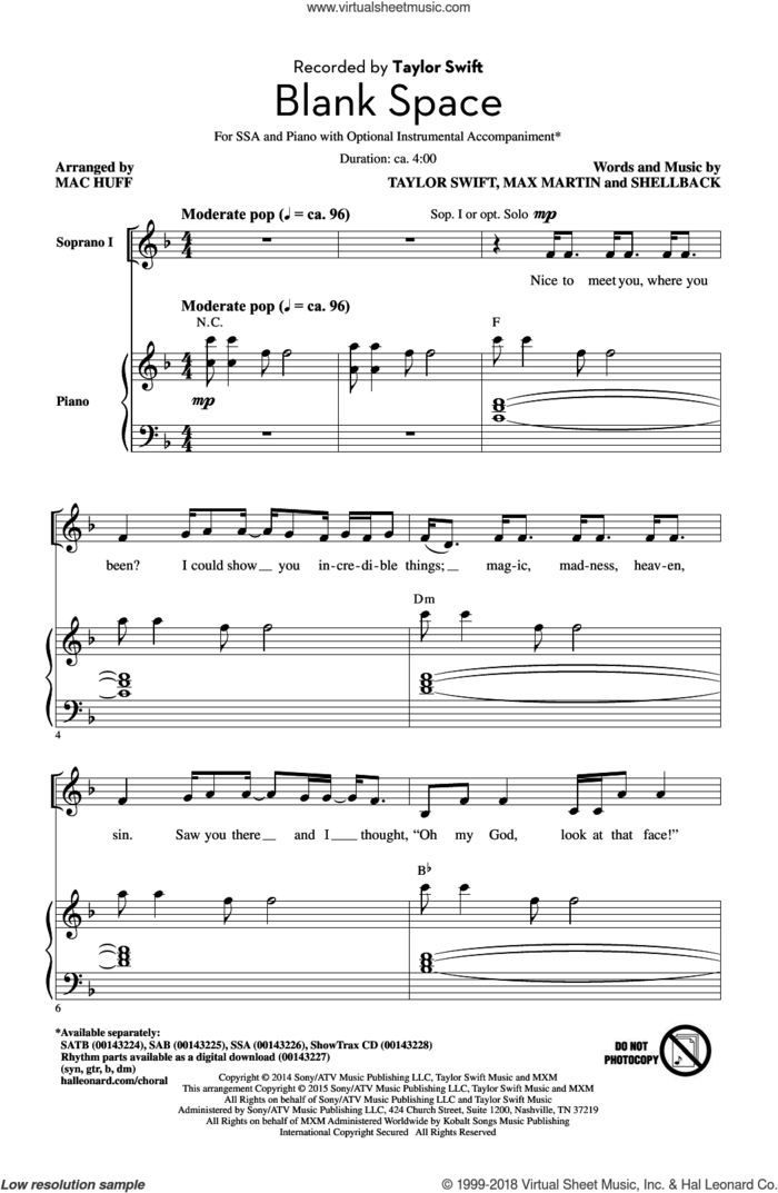 Blank Space (arr. Mac Huff) sheet music for choir (SSA: soprano, alto) by Taylor Swift, Mac Huff, Johan Schuster, Max Martin and Shellback, intermediate skill level