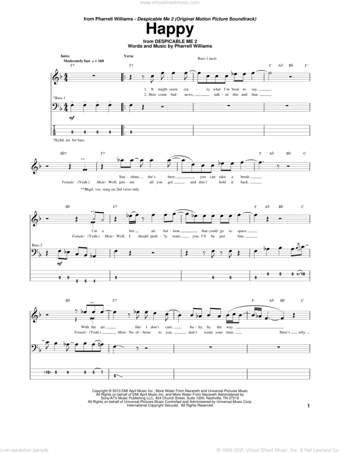 Happy sheet music for bass (tablature) (bass guitar) by Pharrell and Pharrell Williams, intermediate skill level