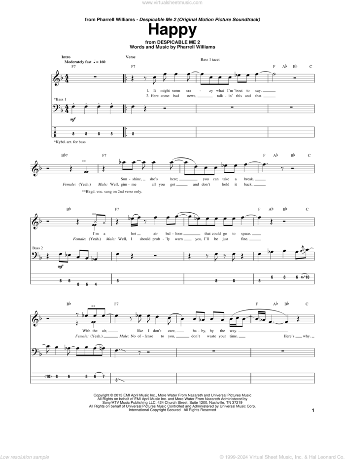 Happy sheet music for bass (tablature) (bass guitar) by Pharrell and Pharrell Williams, intermediate skill level