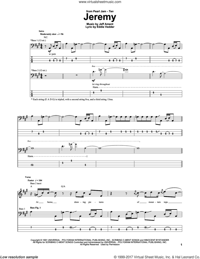 Jeremy sheet music for bass (tablature) (bass guitar) by Pearl Jam, Eddie Vedder and Jeff Ament, intermediate skill level