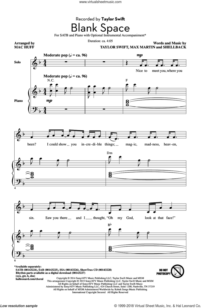 Blank Space (arr. Mac Huff) sheet music for choir (SATB: soprano, alto, tenor, bass) by Taylor Swift, Mac Huff, Johan Schuster, Max Martin and Shellback, intermediate skill level