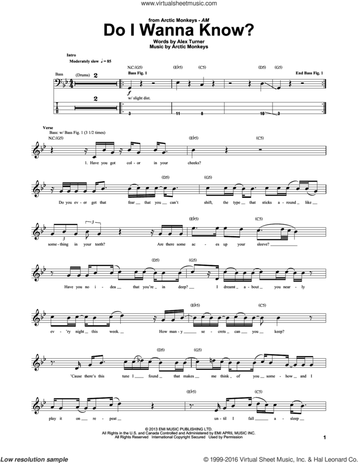 Do I Wanna Know? sheet music for bass (tablature) (bass guitar) by Arctic Monkeys and Alex Turner, intermediate skill level