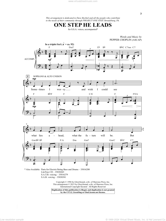 One Step He Leads sheet music for choir (SSA: soprano, alto) by Pepper Choplin, intermediate skill level