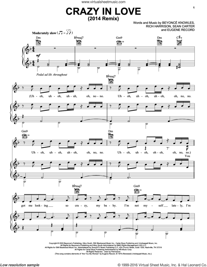Crazy In Love sheet music for voice, piano or guitar by Beyonce, Beyonce Knowles, Eugene Record, Rich Harrison and Shawn Carter, intermediate skill level