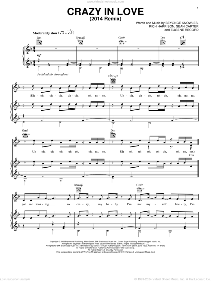 Crazy In Love sheet music for voice, piano or guitar by Beyonce, Beyonce Knowles, Eugene Record, Rich Harrison and Shawn Carter, intermediate skill level