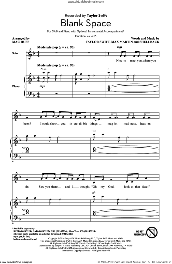Blank Space (arr. Mac Huff) sheet music for choir (SAB: soprano, alto, bass) by Taylor Swift, Mac Huff, Johan Schuster, Max Martin and Shellback, intermediate skill level