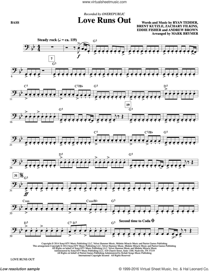 Love Runs Out sheet music for orchestra/band (bass) by Andrew Brown, Mark Brymer, OneRepublic, Brent Kutzle, Eddie Fisher, Ryan Tedder and Zack Filkins, intermediate skill level