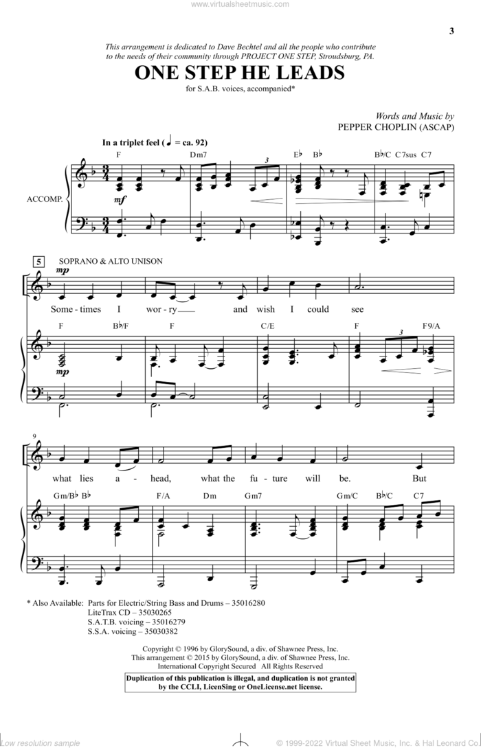 One Step He Leads sheet music for choir (SAB: soprano, alto, bass) by Pepper Choplin, intermediate skill level