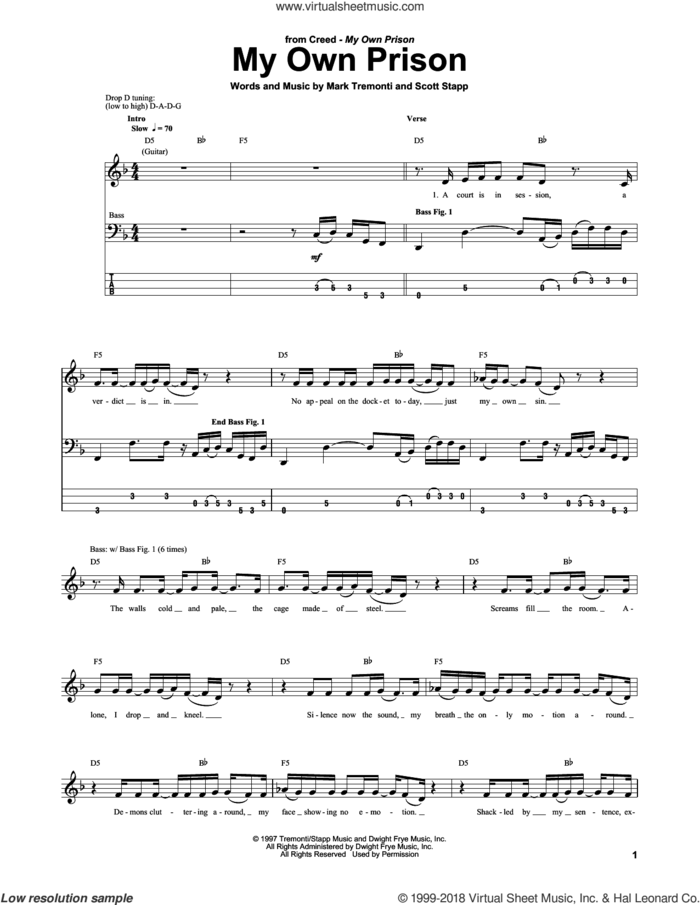 My Own Prison sheet music for bass (tablature) (bass guitar) by Creed, Mark Tremonti and Scott Stapp, intermediate skill level