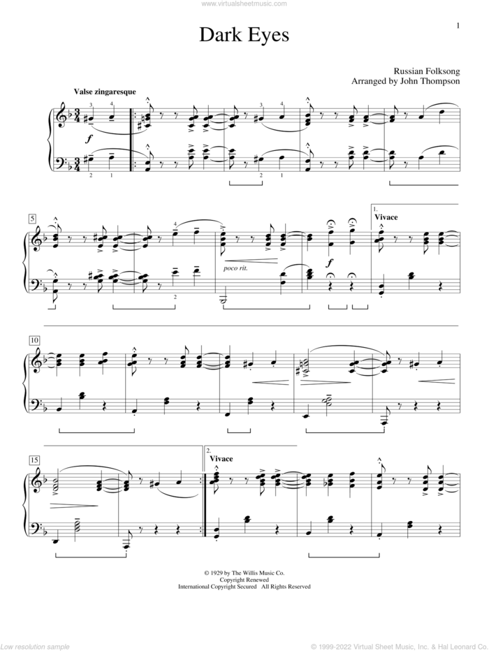 Dark Eyes sheet music for piano solo (elementary) by John Thompson and Russian Gipsy Folk-Song, classical score, beginner piano (elementary)