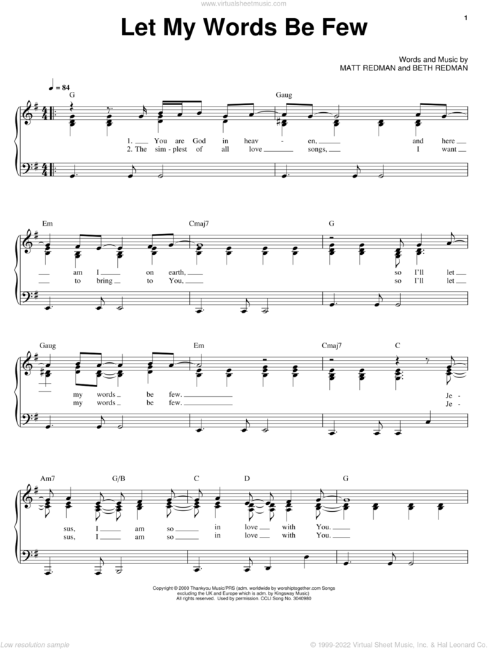 Let My Words Be Few (I'll Stand In Awe Of You) sheet music for voice, piano or guitar by Matt Redman and Beth Redman, intermediate skill level