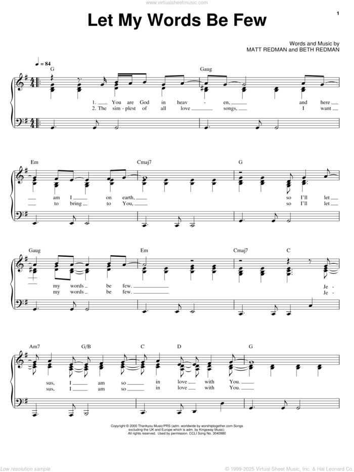 Let My Words Be Few (I'll Stand In Awe Of You) sheet music for voice, piano or guitar by Matt Redman and Beth Redman, intermediate skill level