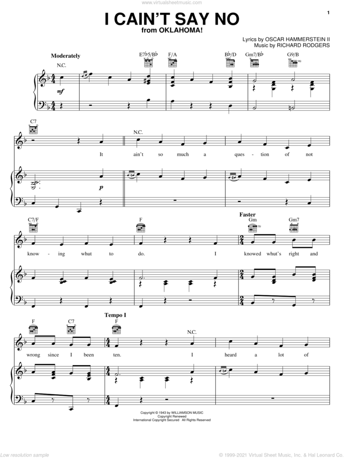 I Cain't Say No (from Oklahoma!) sheet music for voice, piano or guitar by Hammerstein, Rodgers &, Oklahoma! (Musical), Rodgers & Hammerstein, Oscar II Hammerstein and Richard Rodgers, intermediate skill level