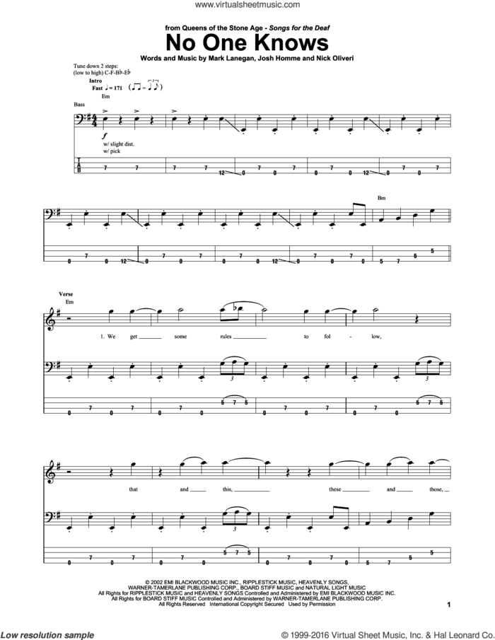 No One Knows sheet music for bass (tablature) (bass guitar) by Queens Of The Stone Age, Josh Homme, Mark Lanegan and Nick Oliveri, intermediate skill level