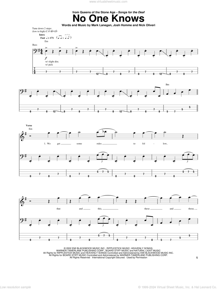 No One Knows sheet music for bass (tablature) (bass guitar) by Queens Of The Stone Age, Josh Homme, Mark Lanegan and Nick Oliveri, intermediate skill level