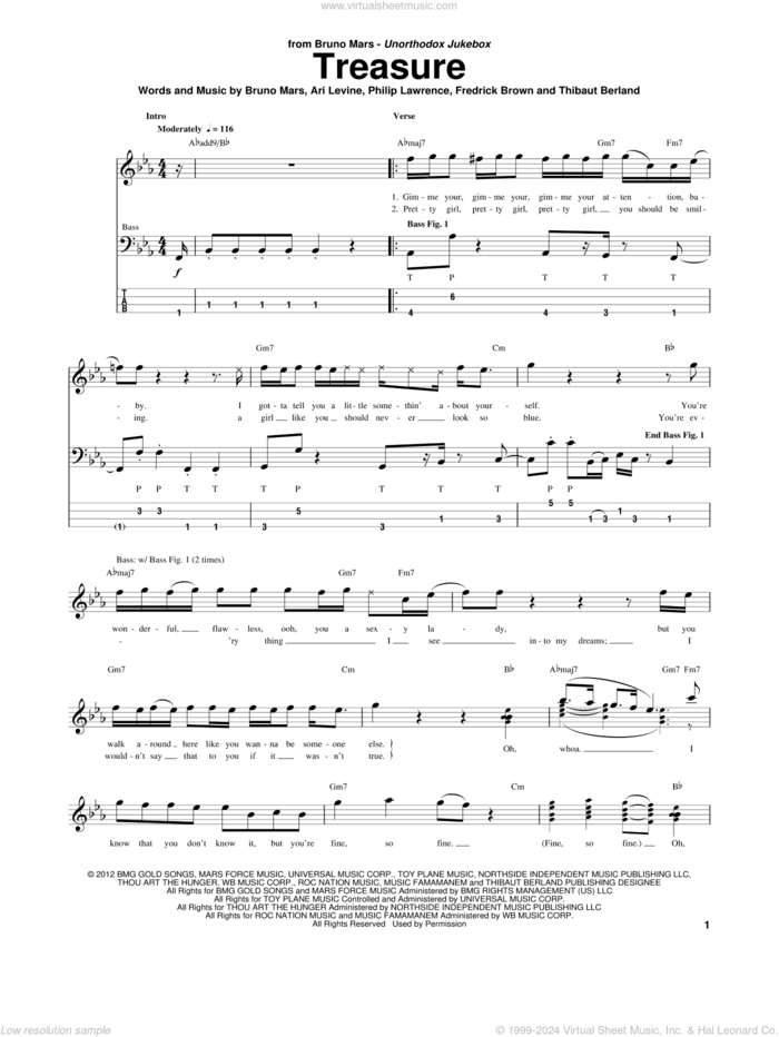 Treasure sheet music for bass (tablature) (bass guitar) by Bruno Mars, Ari Levine, Christopher Acito, Fredrick Brown, Philip Lawrence and Thibaut Berland, intermediate skill level