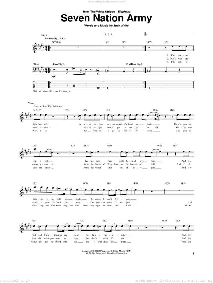 Seven Nation Army sheet music for bass (tablature) (bass guitar) by White Stripes and Jack White, intermediate skill level