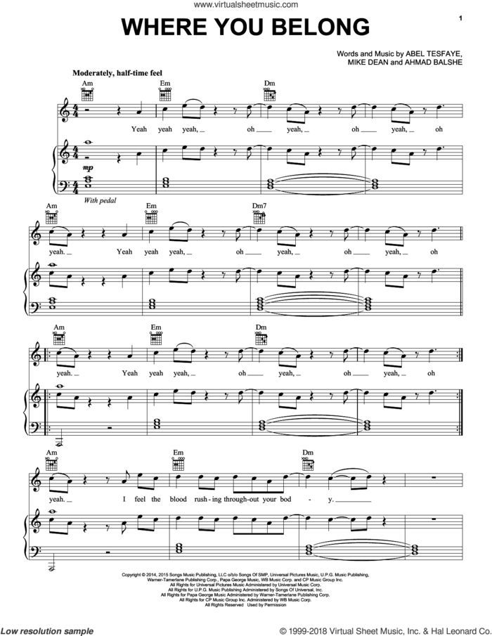 Where You Belong sheet music for voice, piano or guitar by The Weeknd, Abel Tesfaye, Ahmad Balshe and Mike Dean, intermediate skill level