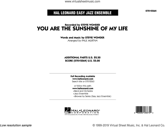 You Are the Sunshine of My Life (COMPLETE) sheet music for jazz band by Paul Murtha and Stevie Wonder, intermediate skill level
