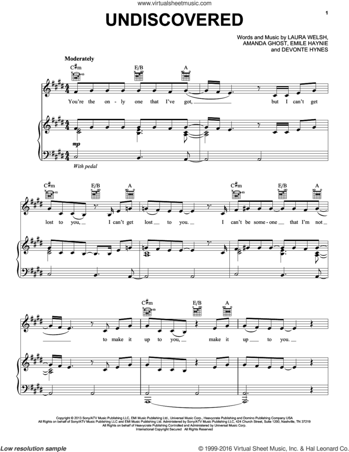 Undiscovered sheet music for voice, piano or guitar by Laura Welsh, Amanda Ghost, Devonte Hynes and Emile Haynie, intermediate skill level