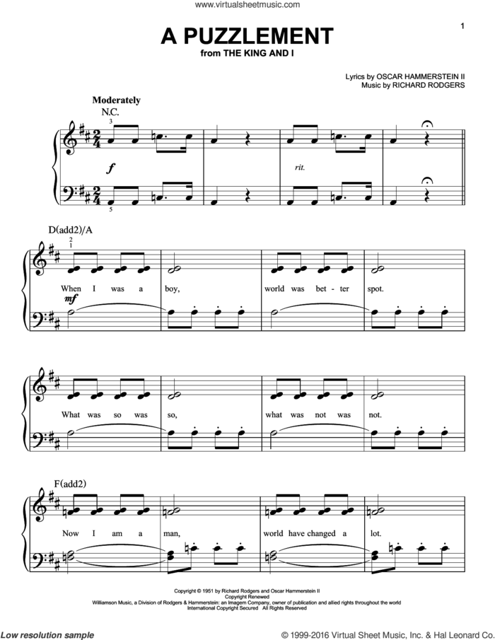 A Puzzlement sheet music for piano solo by Rodgers & Hammerstein, Oscar II Hammerstein and Richard Rodgers, easy skill level