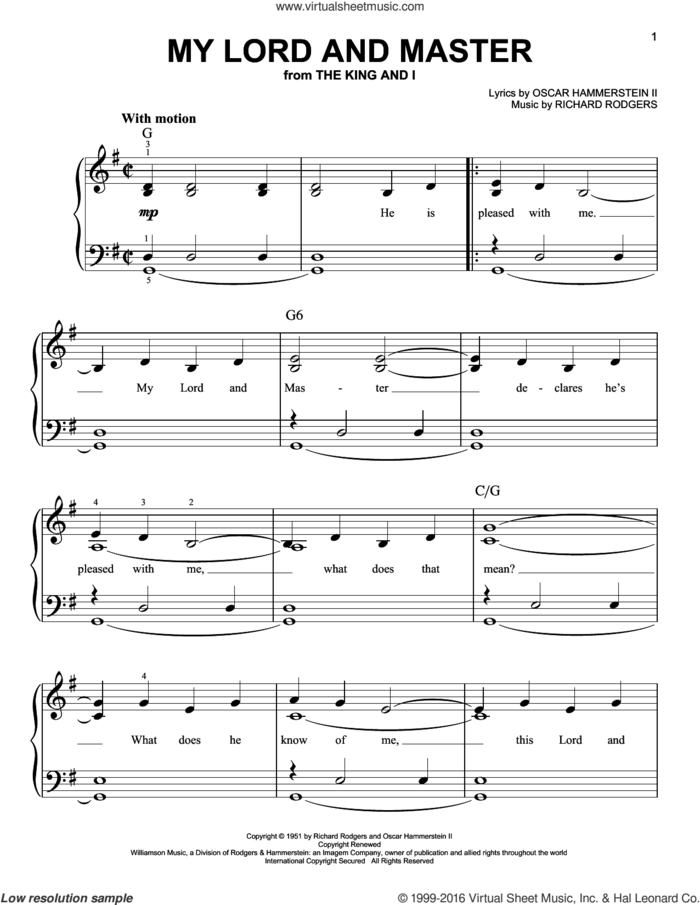 My Lord And Master sheet music for piano solo by Rodgers & Hammerstein, Oscar II Hammerstein and Richard Rodgers, classical score, easy skill level