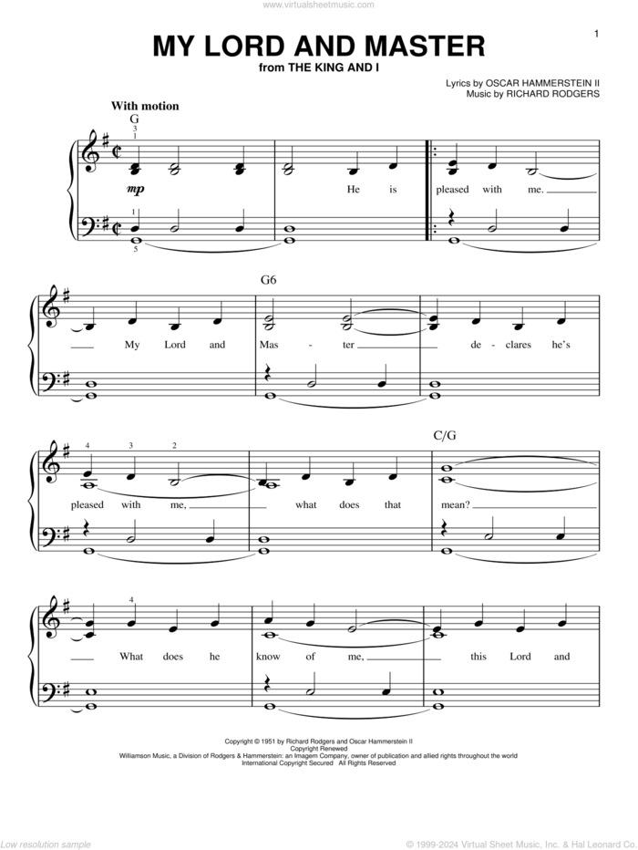 My Lord And Master sheet music for piano solo by Rodgers & Hammerstein, Oscar II Hammerstein and Richard Rodgers, classical score, easy skill level