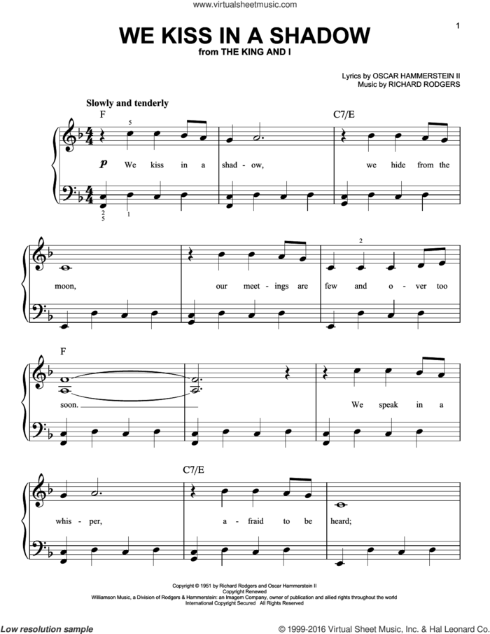 We Kiss In A Shadow sheet music for piano solo by Rodgers & Hammerstein, Oscar II Hammerstein and Richard Rodgers, easy skill level