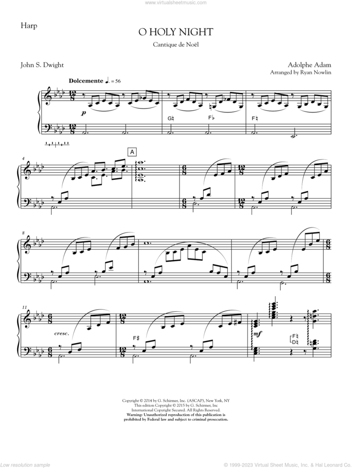 O Holy Night sheet music for orchestra/band (harp) by Adolphe Adam, John S. Dwight, Placide Cappeau and Ryan Nowlin, intermediate skill level