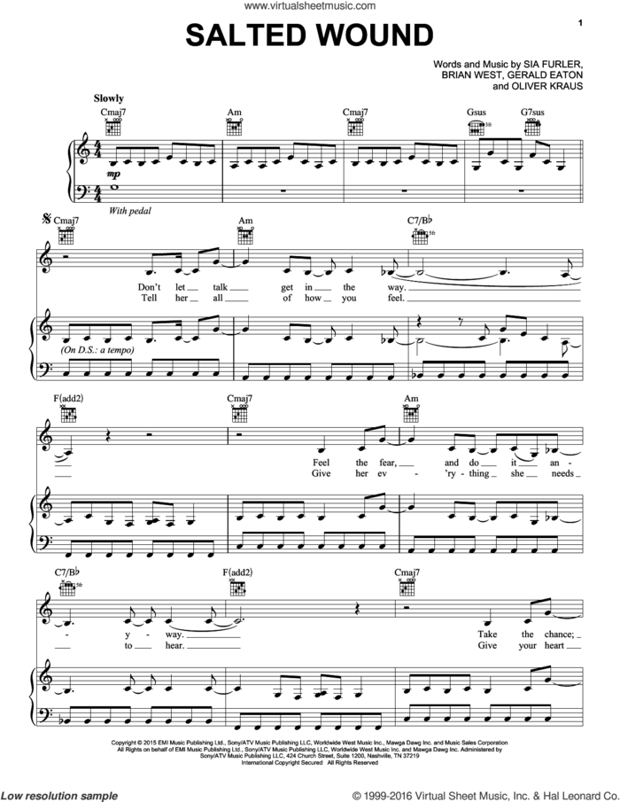 Salted Wound sheet music for voice, piano or guitar by Sia, Brian West, Gerald Eaton, Oliver Kraus and Sia Furler, intermediate skill level