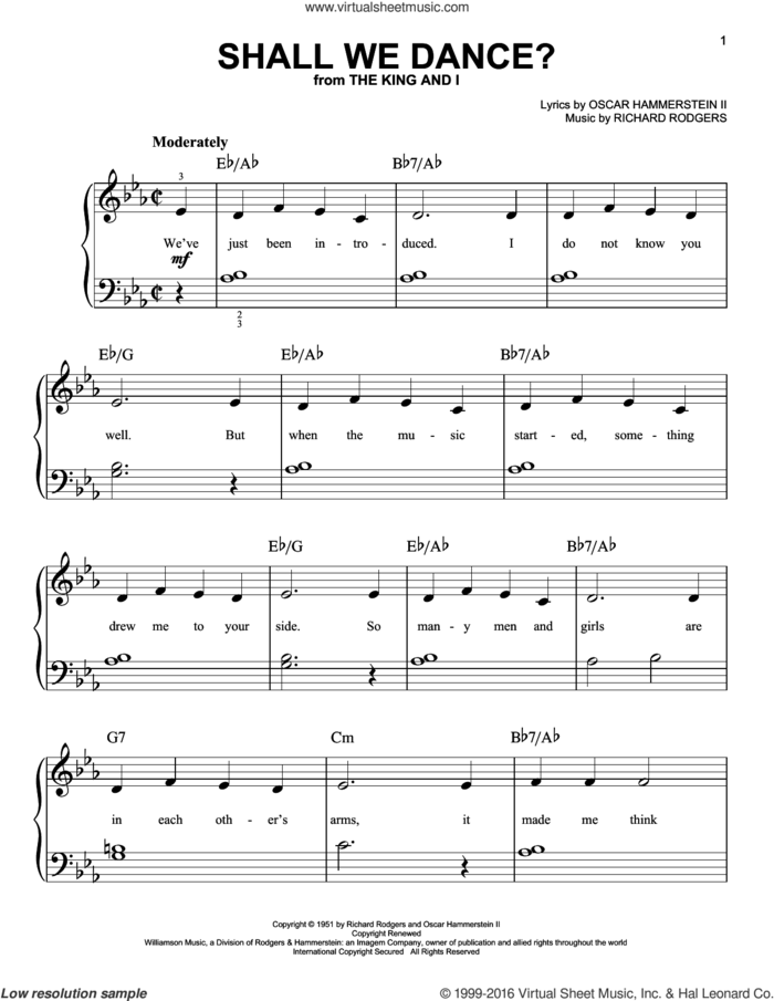 Shall We Dance?, (easy) sheet music for piano solo by Rodgers & Hammerstein, Oscar II Hammerstein and Richard Rodgers, easy skill level