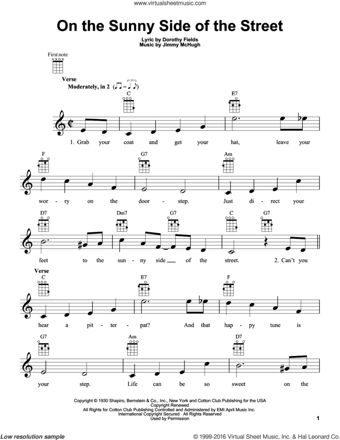 On The Sunny Side Of The Street sheet music for ukulele by Jimmy McHugh and Dorothy Fields, intermediate skill level