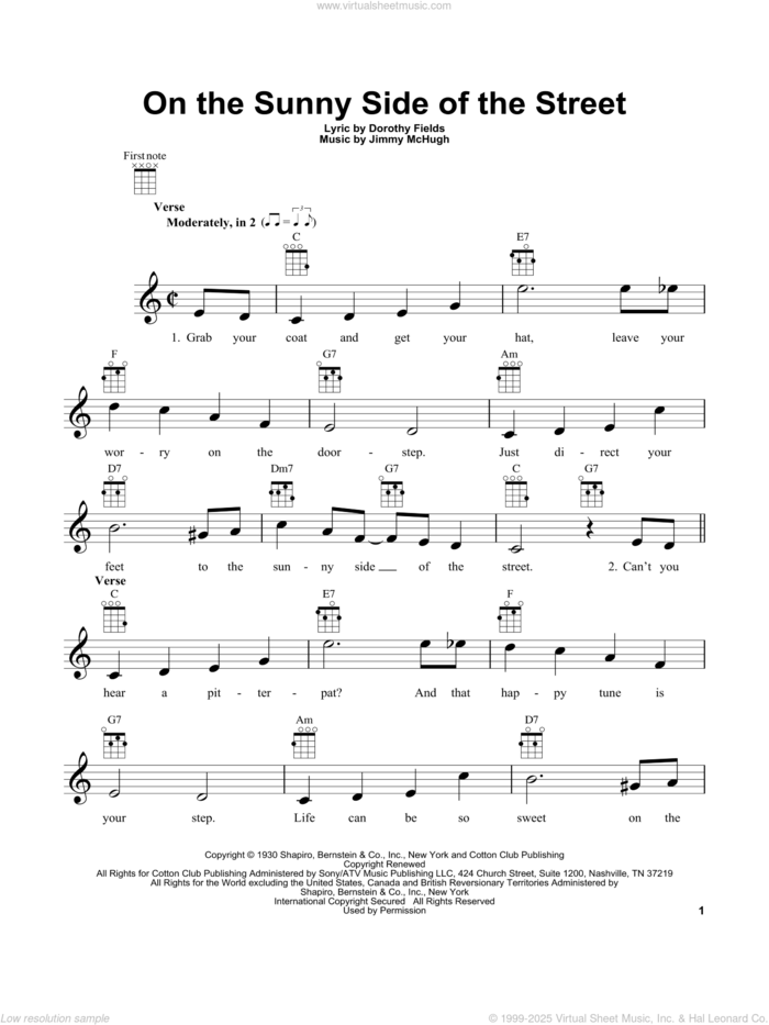 On The Sunny Side Of The Street sheet music for ukulele by Jimmy McHugh and Dorothy Fields, intermediate skill level